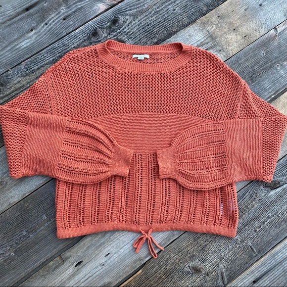 American Eagle Outfitters Orange Pointelle Knit Tie Front Sweater - Picture 2 of 5
